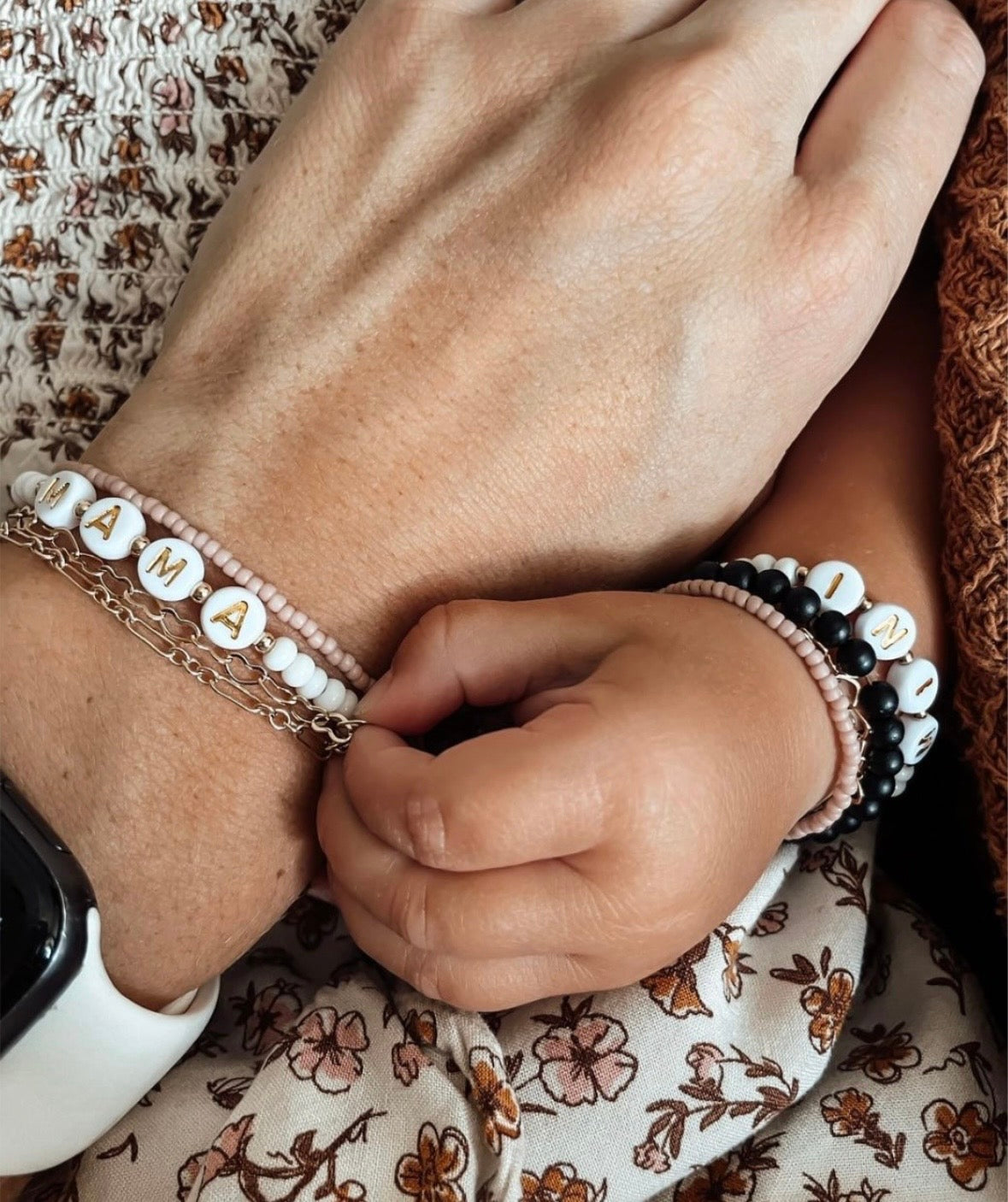 Mama and Mini White Name Bracelet Set