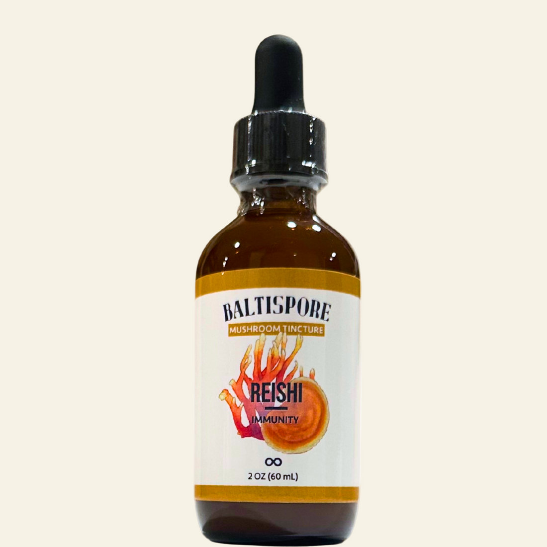 Bottle of Baltispore Reishi mushroom tincture on a white background