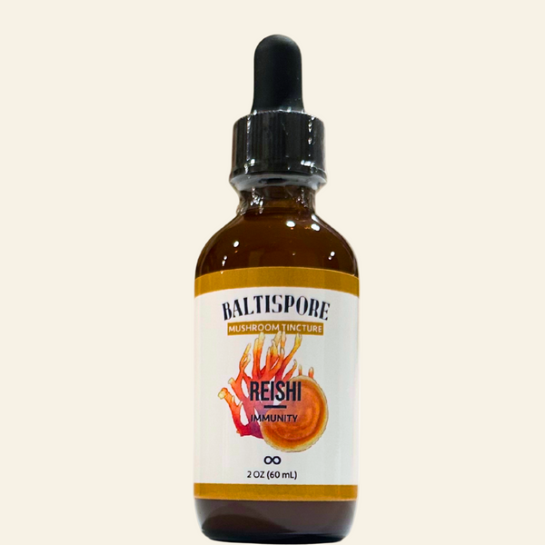 Bottle of Baltispore Reishi mushroom tincture on a white background