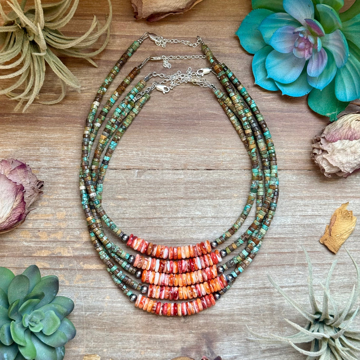 Green Turquoise &amp; Orange Spiny Oyster Fall Necklace
