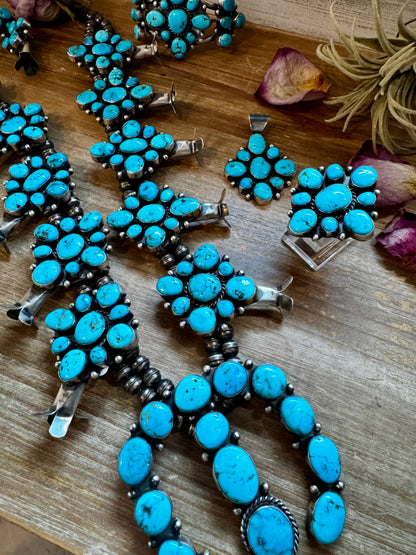 Wilson Dawes Kingman Turquoise Sterling Silver Squash Blossom Set