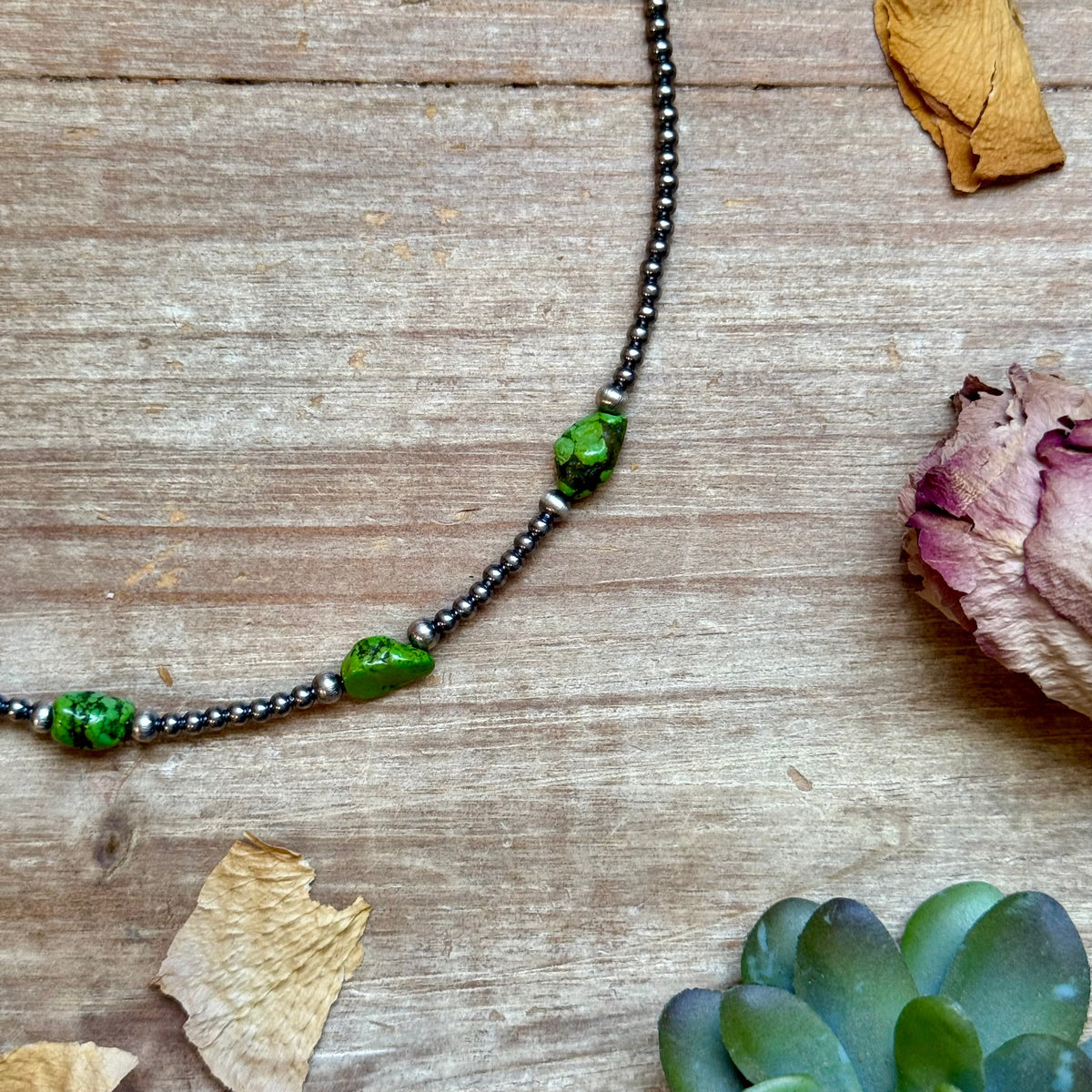 Green Nugget Turquoise &amp; Sterling Silver Pearl Necklace