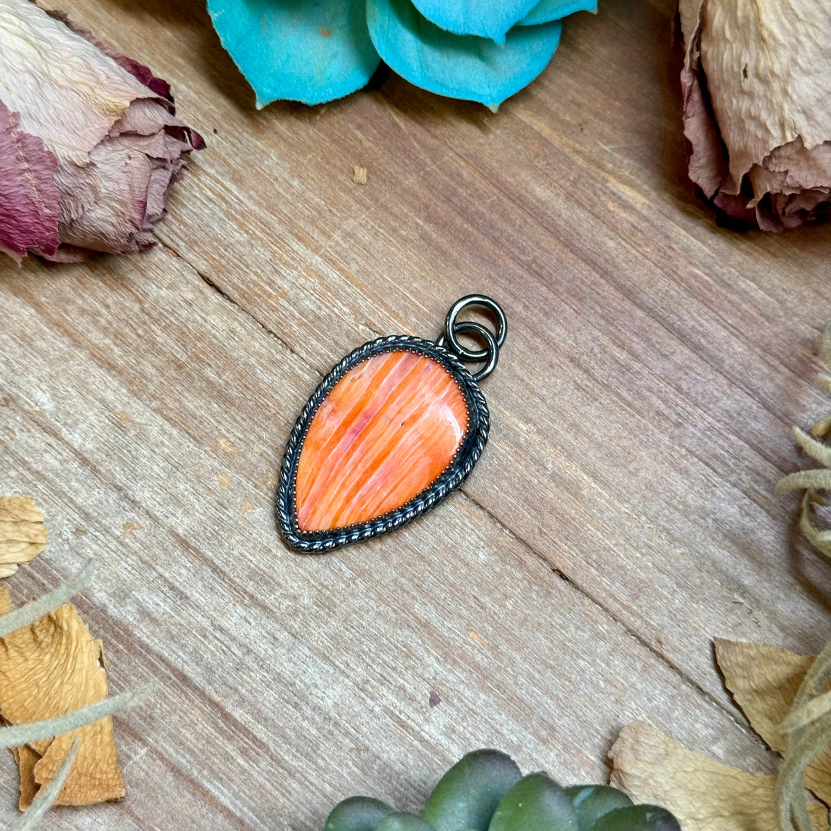 MJ Orange Spiny Oyster Teardrop Charm &amp; Sterling Pearl Necklace