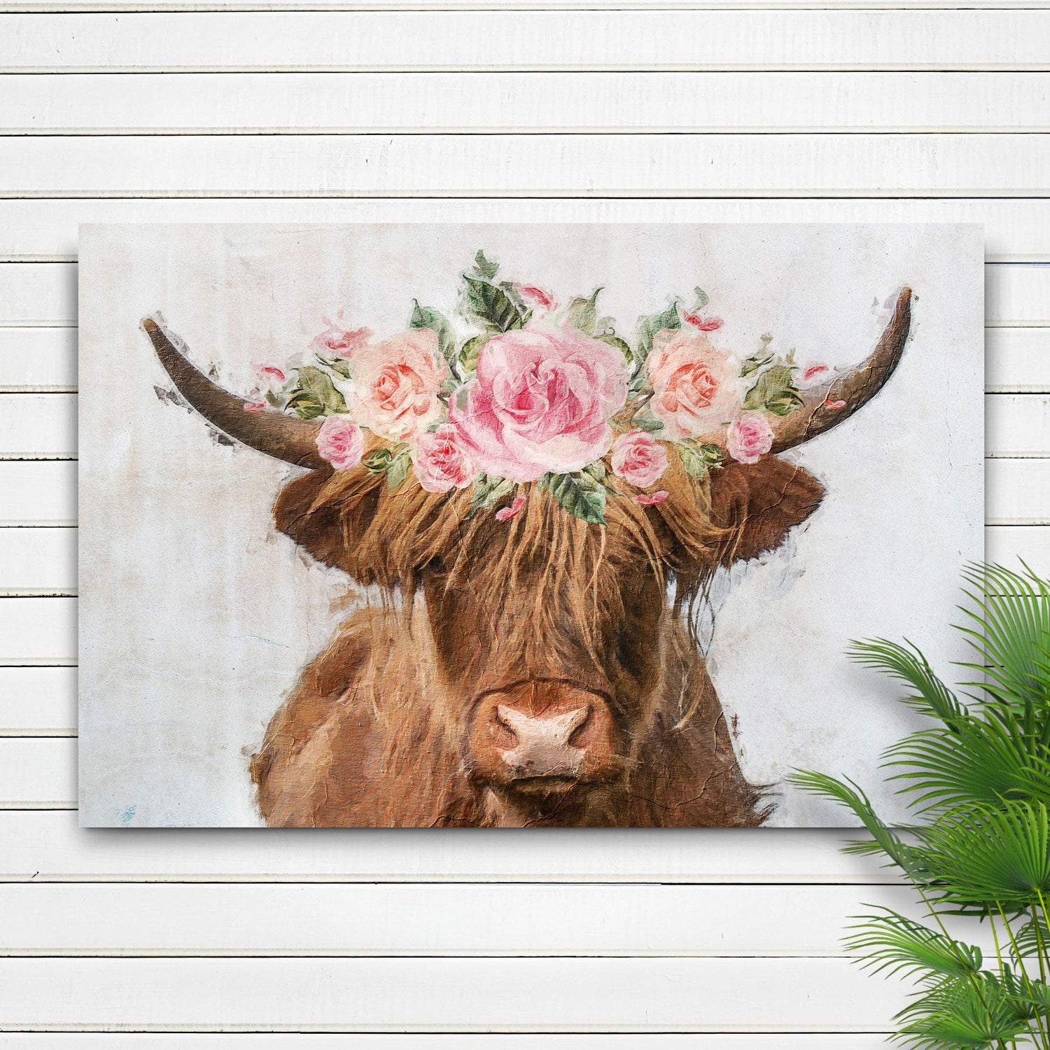Tailored Canvases Canvas 18x12 inch Medium Premium Gallery Wrapped Highland Cow Floral Wreath Painting Canvas Wall Art