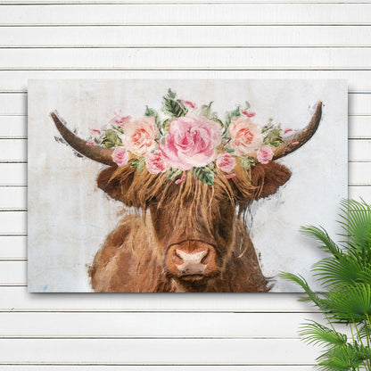 Tailored Canvases Canvas 18x12 inch Medium Premium Gallery Wrapped Highland Cow Floral Wreath Painting Canvas Wall Art