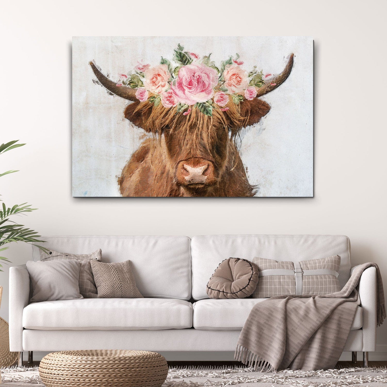 Tailored Canvases Canvas Highland Cow Floral Wreath Painting Canvas Wall Art