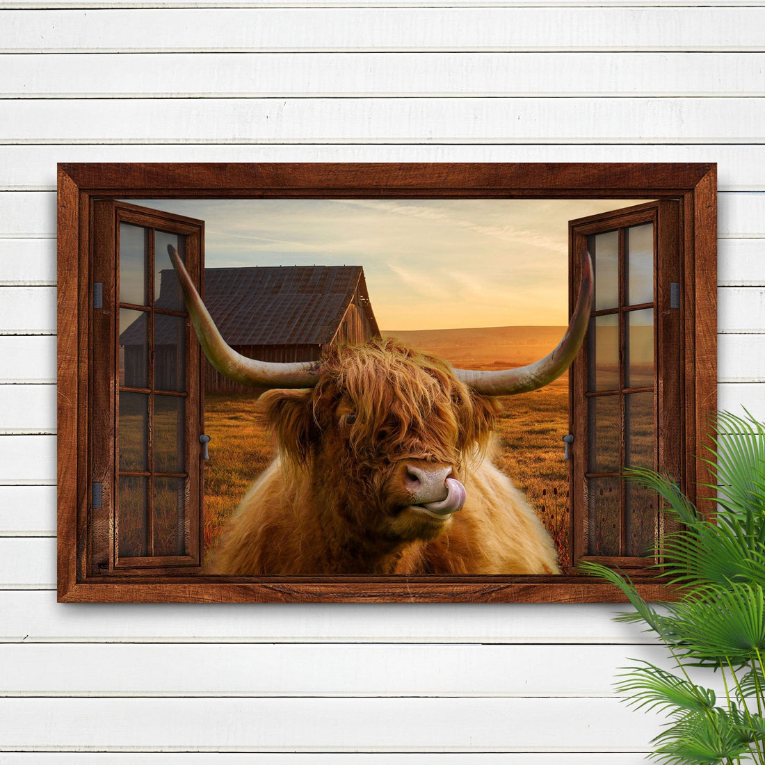 Tailored Canvases Canvas 18x12 inch Medium Premium Gallery Wrapped Highland Cow Window View Canvas Wall Art