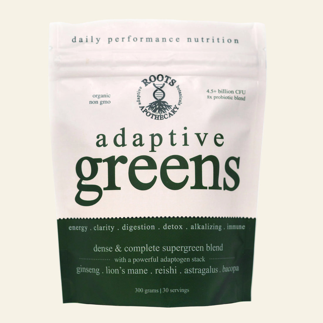 Package of Roots Organic Adaptive Greens on a white background