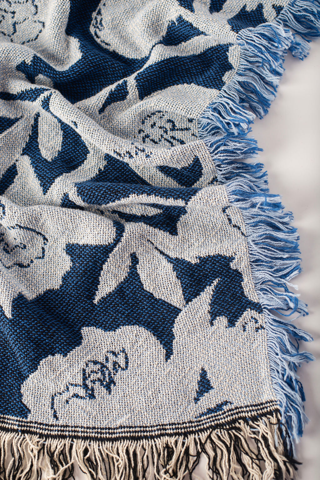 Addy Delft Blue Floral Cotton Throw Blanket