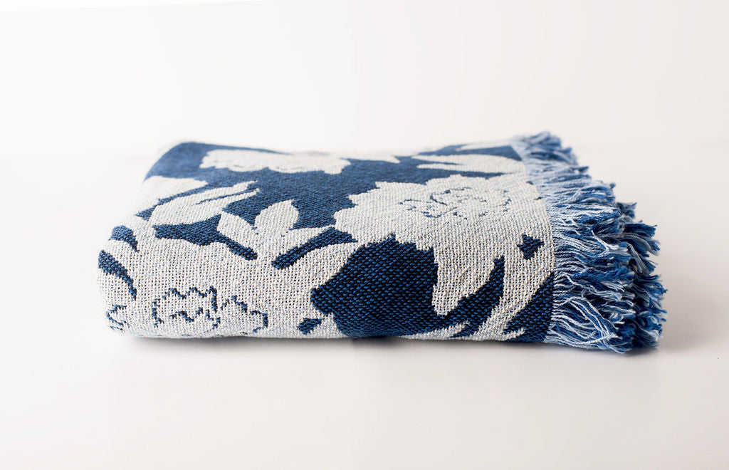 Addy Delft Blue Floral Cotton Throw Blanket