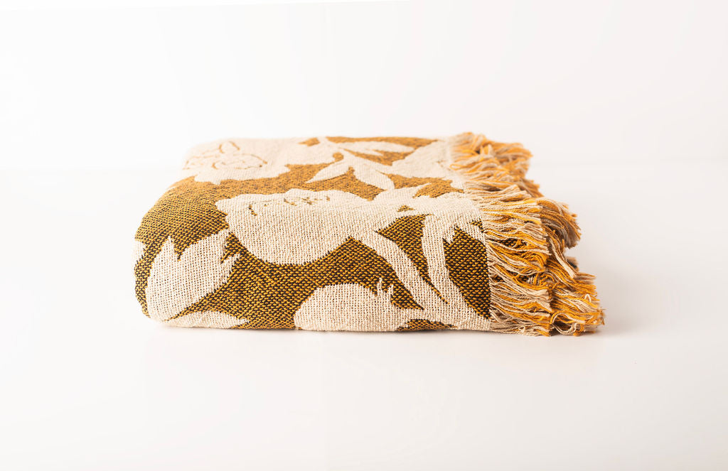 Addy Ochre Gold Floral Cotton Throw Blanket