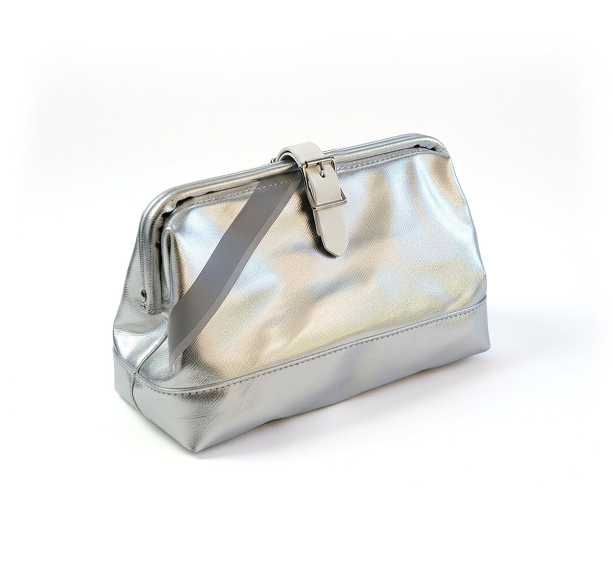 A metallic silver clutch bag with a matching shoulder strap and silver-tone buckle closure, photographed on a clean white background.