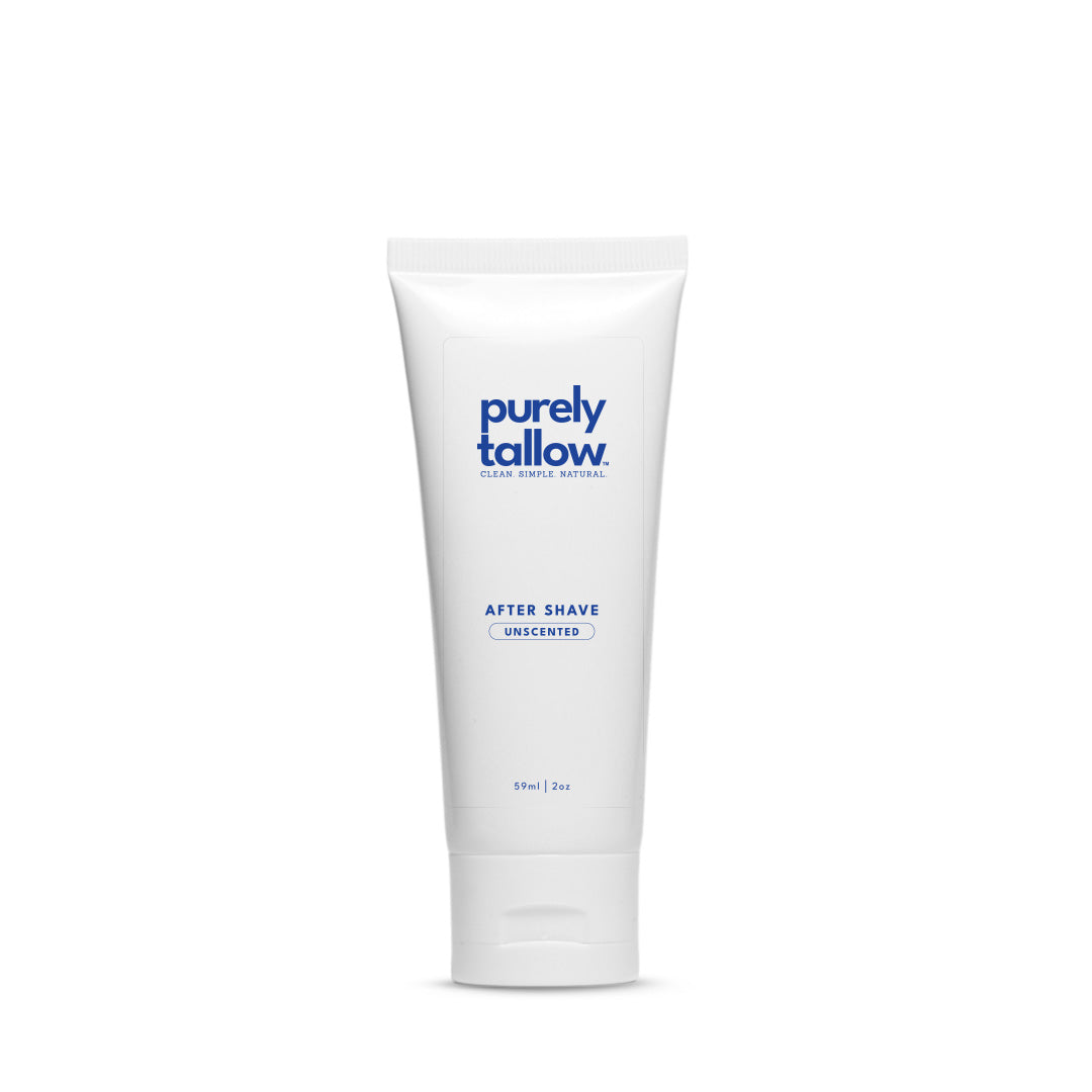 Tube of purely tallow after shave on a white background