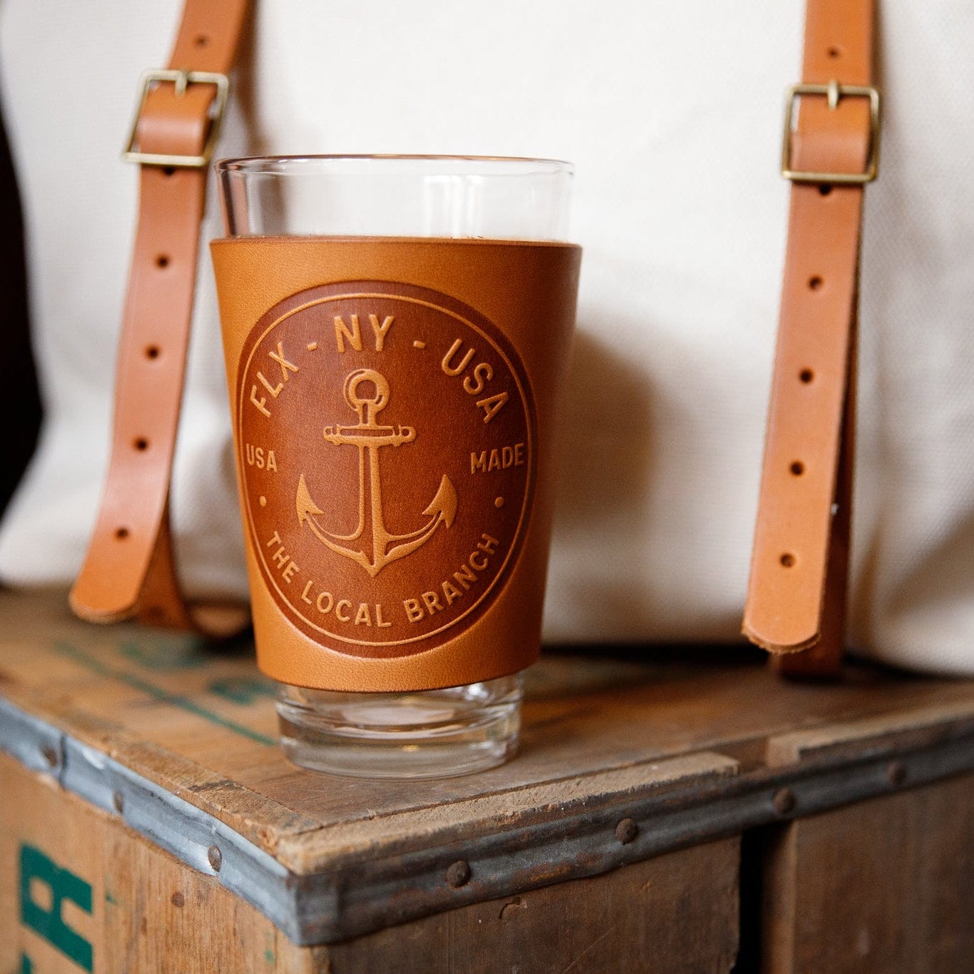 The Local Branch Leather Anchor / Caramel Leather Pint Glass  - USA Made