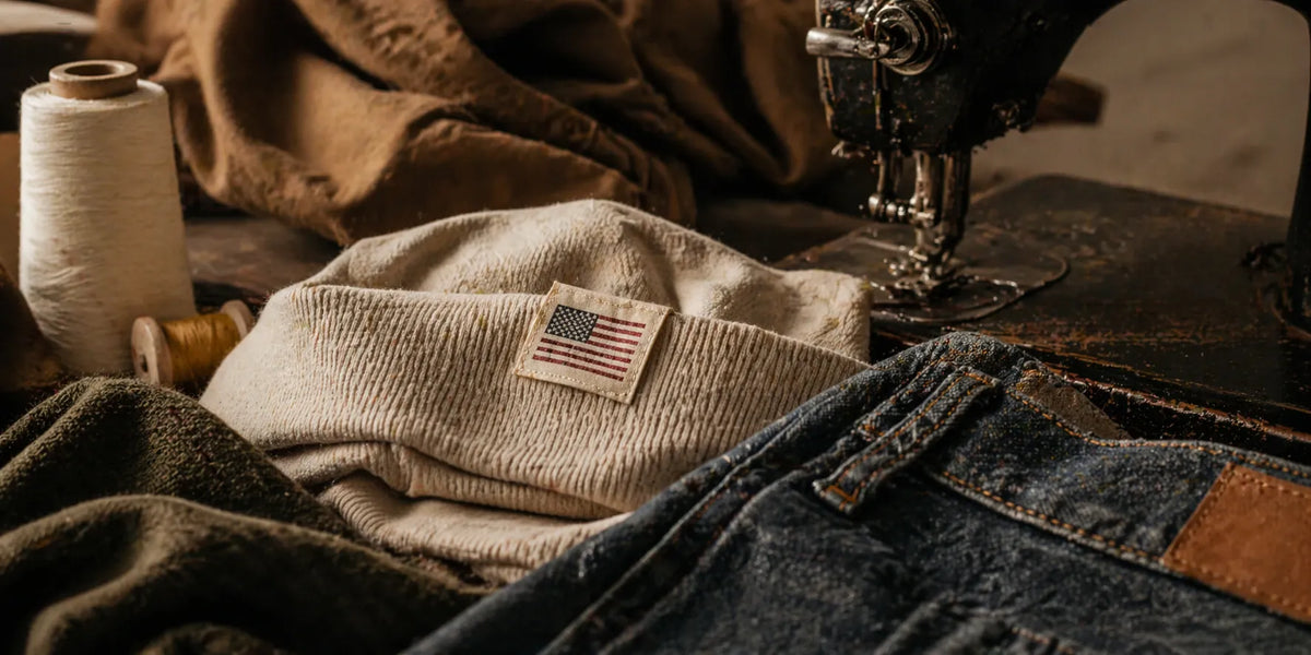 Sewing machine with fabric and an American flag patch on a wooden surface