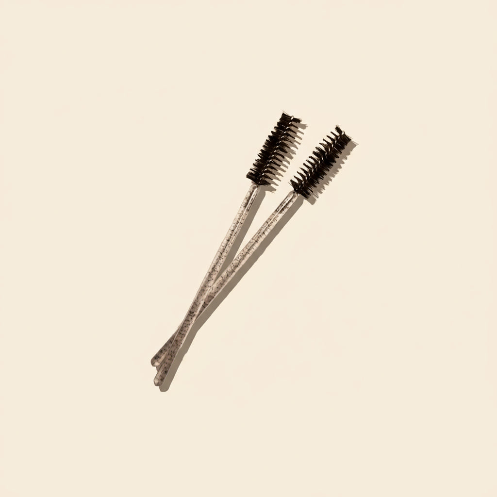 Two black and silver makeup brushes on a white background