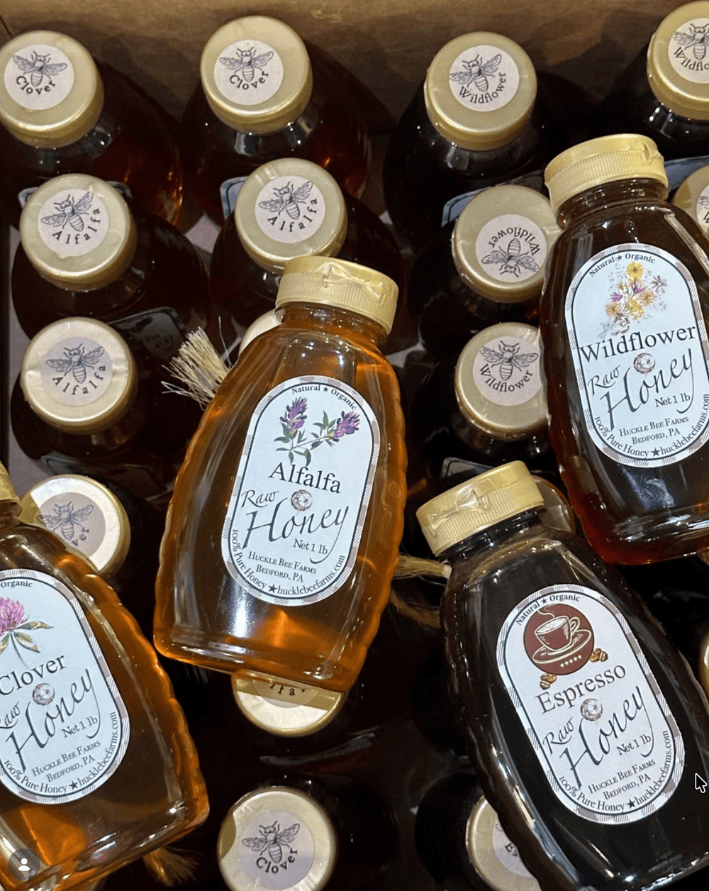 Assorted bottles of honey with visible labels on a wooden surface