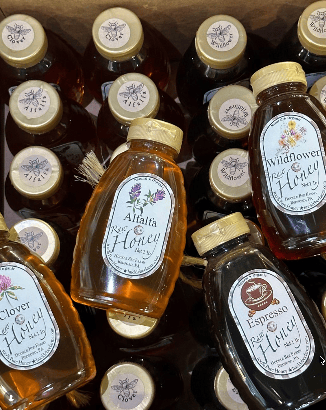 Assorted bottles of honey with visible labels on a wooden surface
