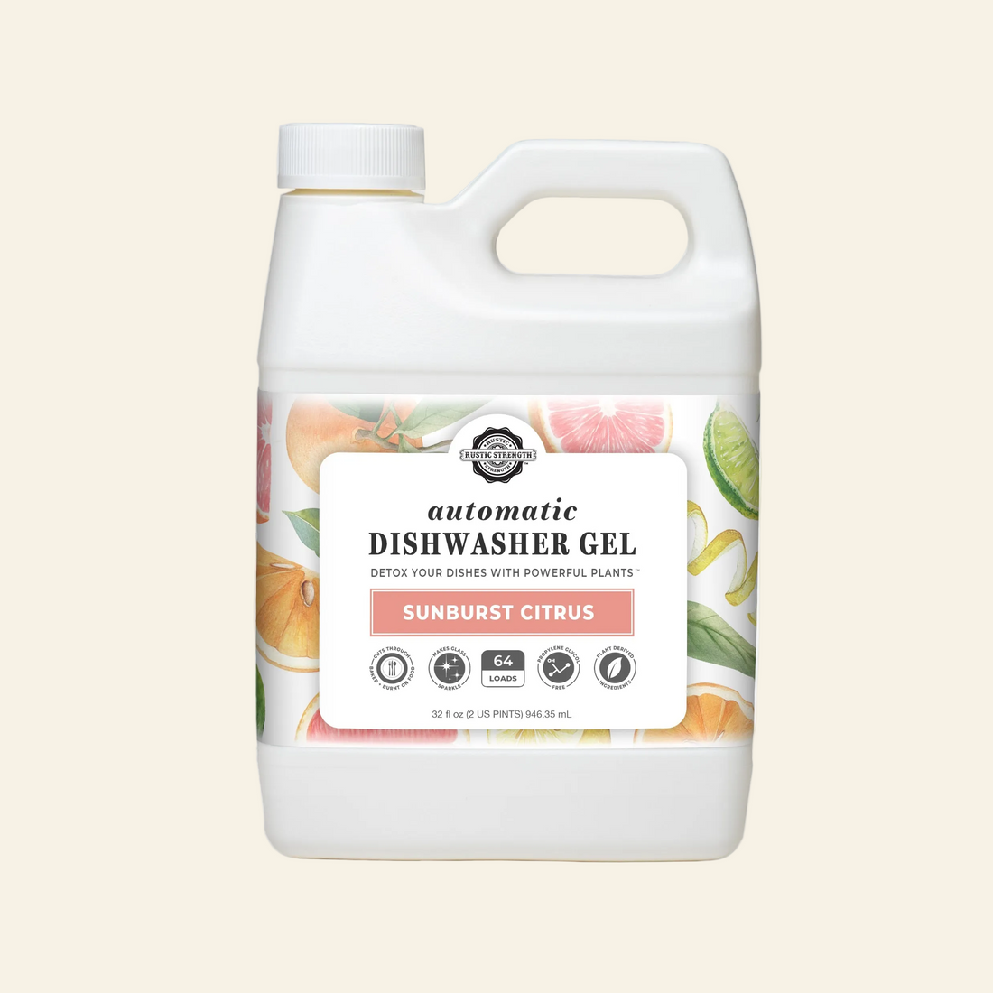 Dishwasher gel container with a colorful label on a white background