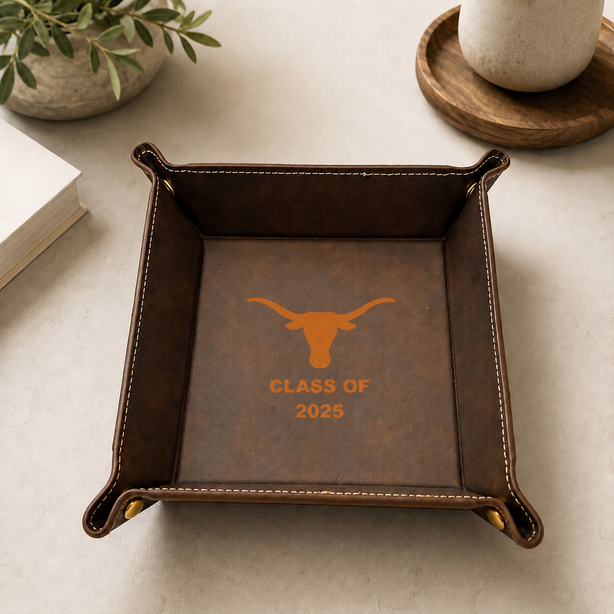 Texas Longhorn Burnt Orange Leather Catchall Tray