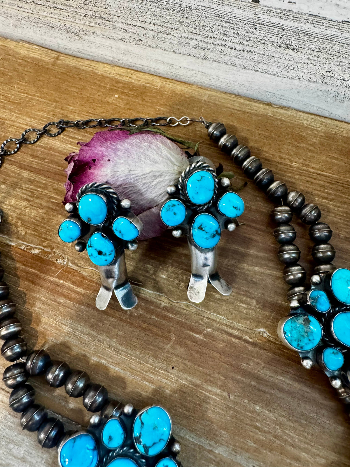 Wilson Dawes Kingman Turquoise Sterling Silver Squash Blossom Set