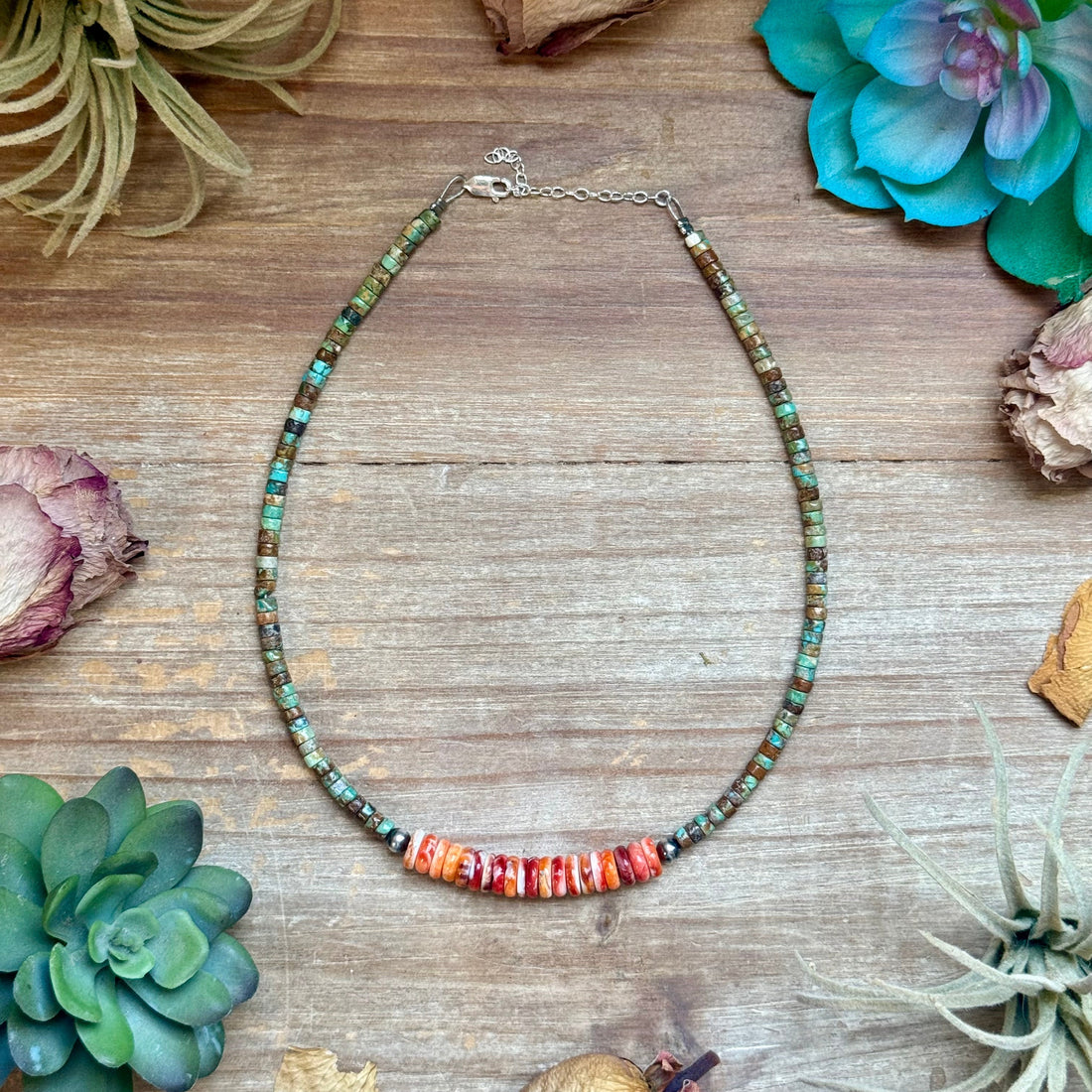 Green Turquoise &amp; Orange Spiny Oyster Fall Necklace