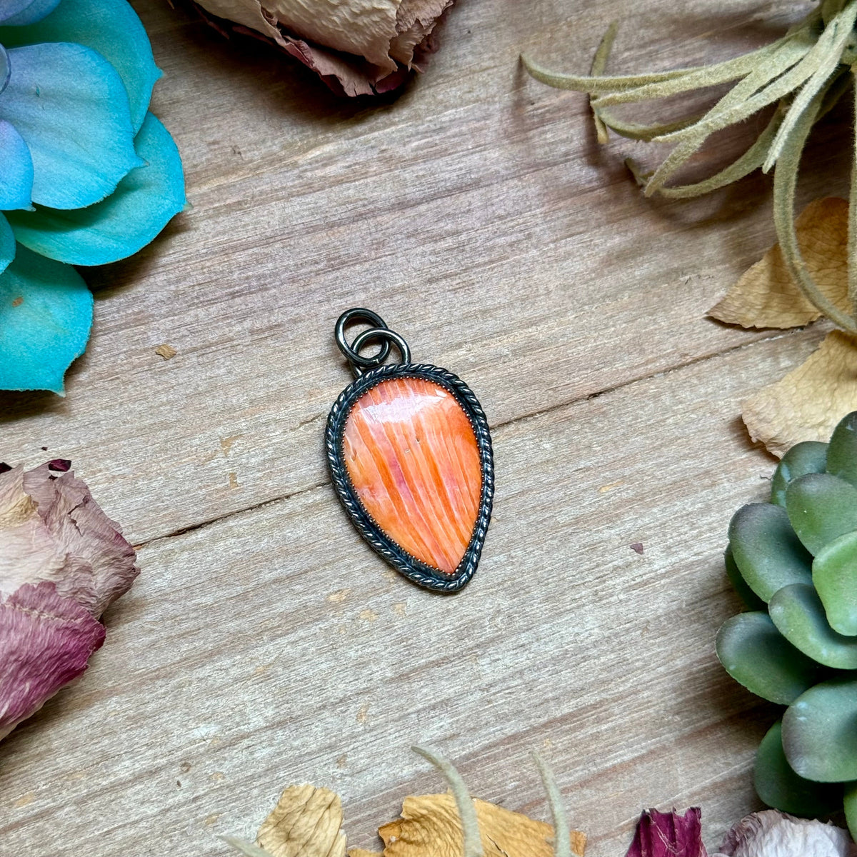 MJ Orange Spiny Oyster Teardrop Charm &amp; Sterling Pearl Necklace