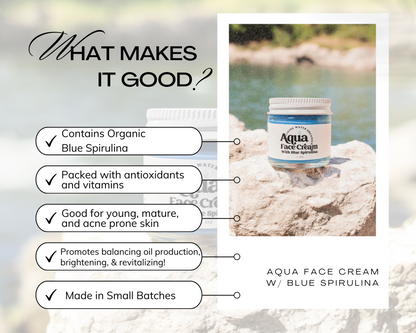 Aqua Face Cream jar with benefits listed on a natural background