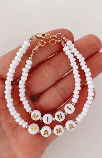 Mama and Mini White Name Bracelet Set