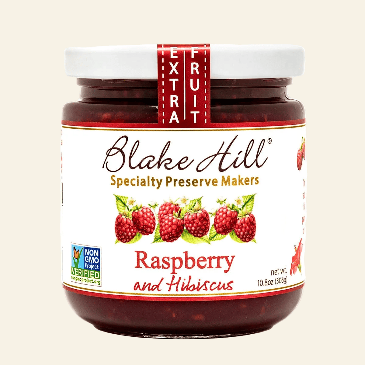 Jar of Blake Hill Raspberry and Hibiscus preserve on a white background