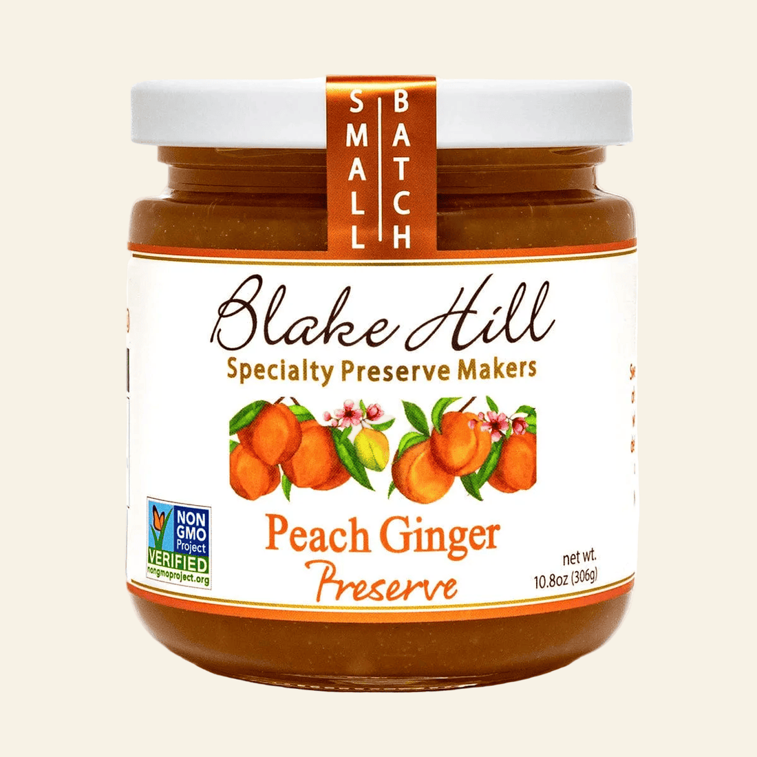Jar of Blake Hill Peach Ginger Preserve on a white background