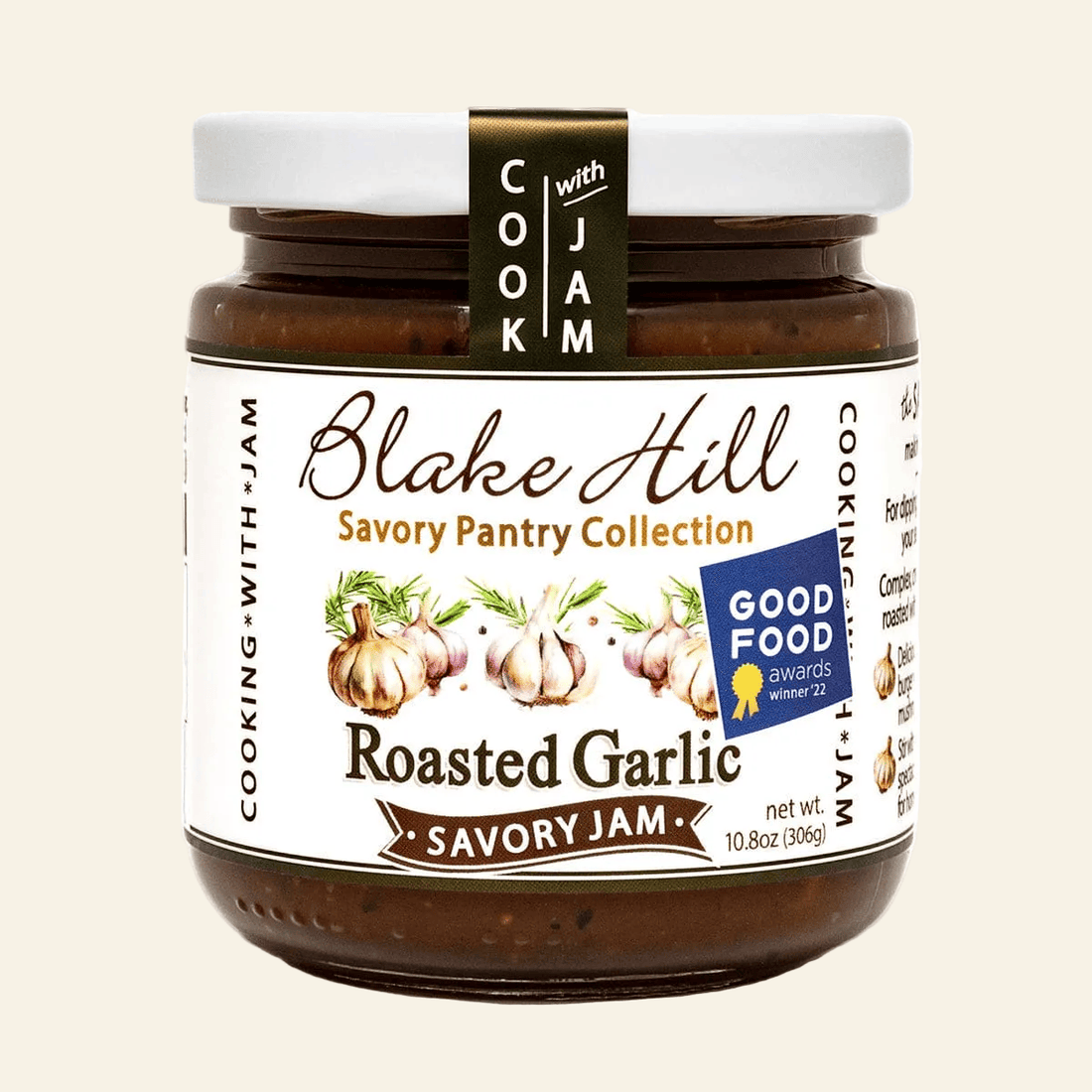 Jar of Blake Hill Roasted Garlic Savory Jam with a Good Food award badge on a white background