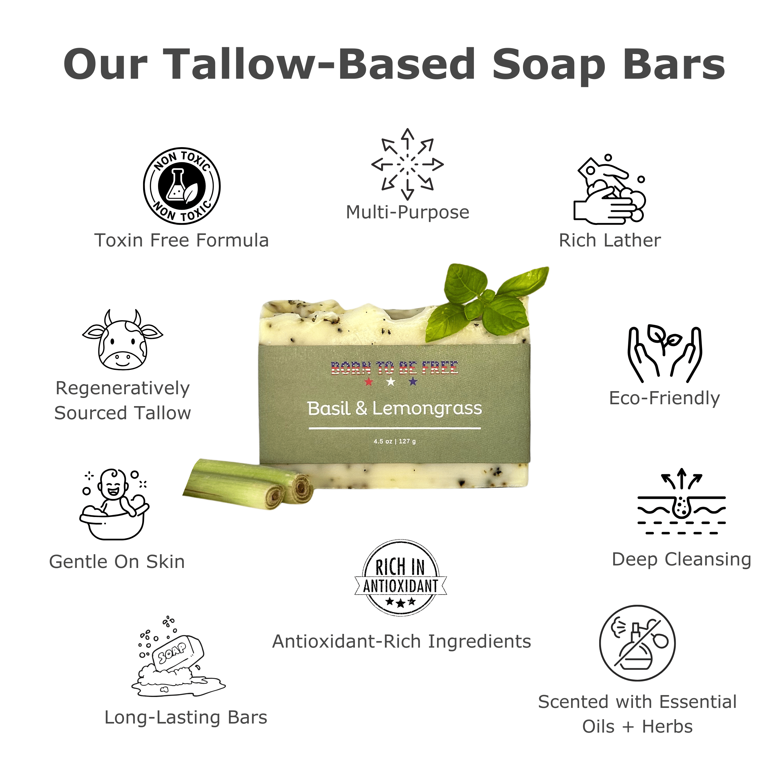 Born To Be Free soap Basil &amp; Lemongrass Tallow Soap Bar
