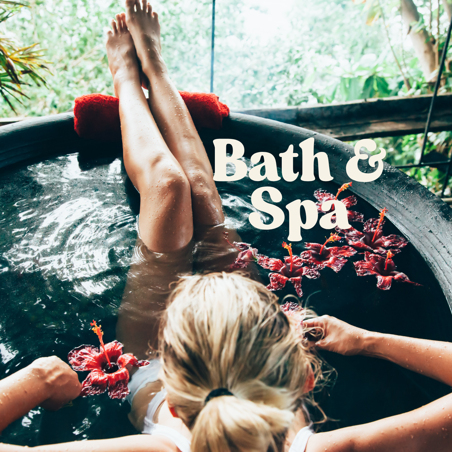 Woman on a tub, natural background and words Bath & Spa on background