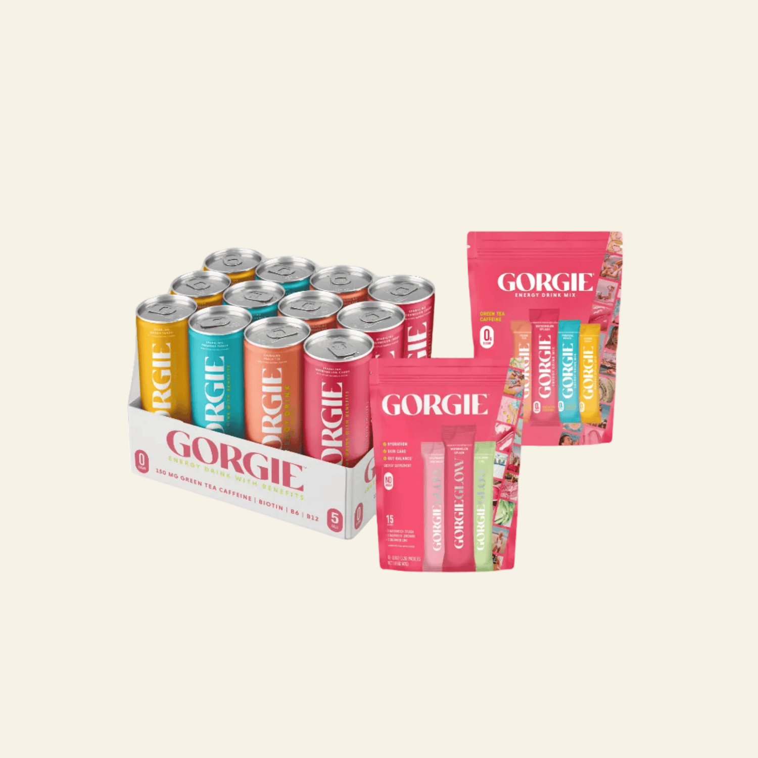 Gorgie energy drinks and mixes in colorful packaging on a white background
