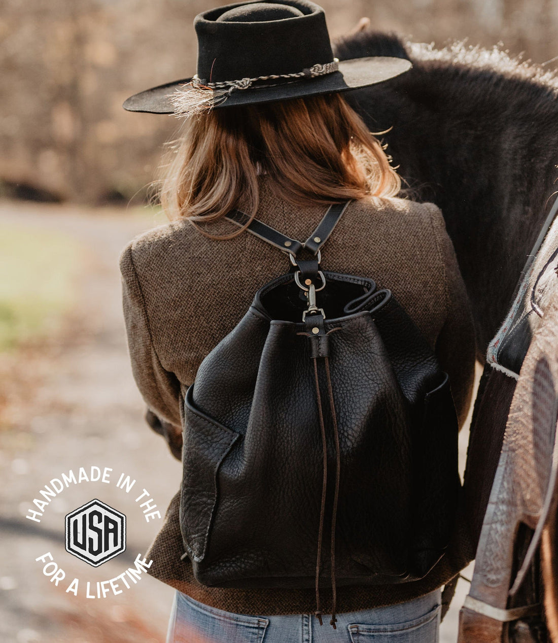 The Local Branch Leather Black Traveler Drawstring Backpack - USA Made