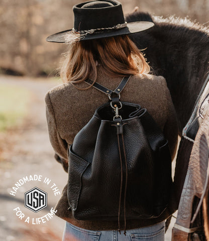 The Local Branch Leather Black Traveler Drawstring Backpack - USA Made
