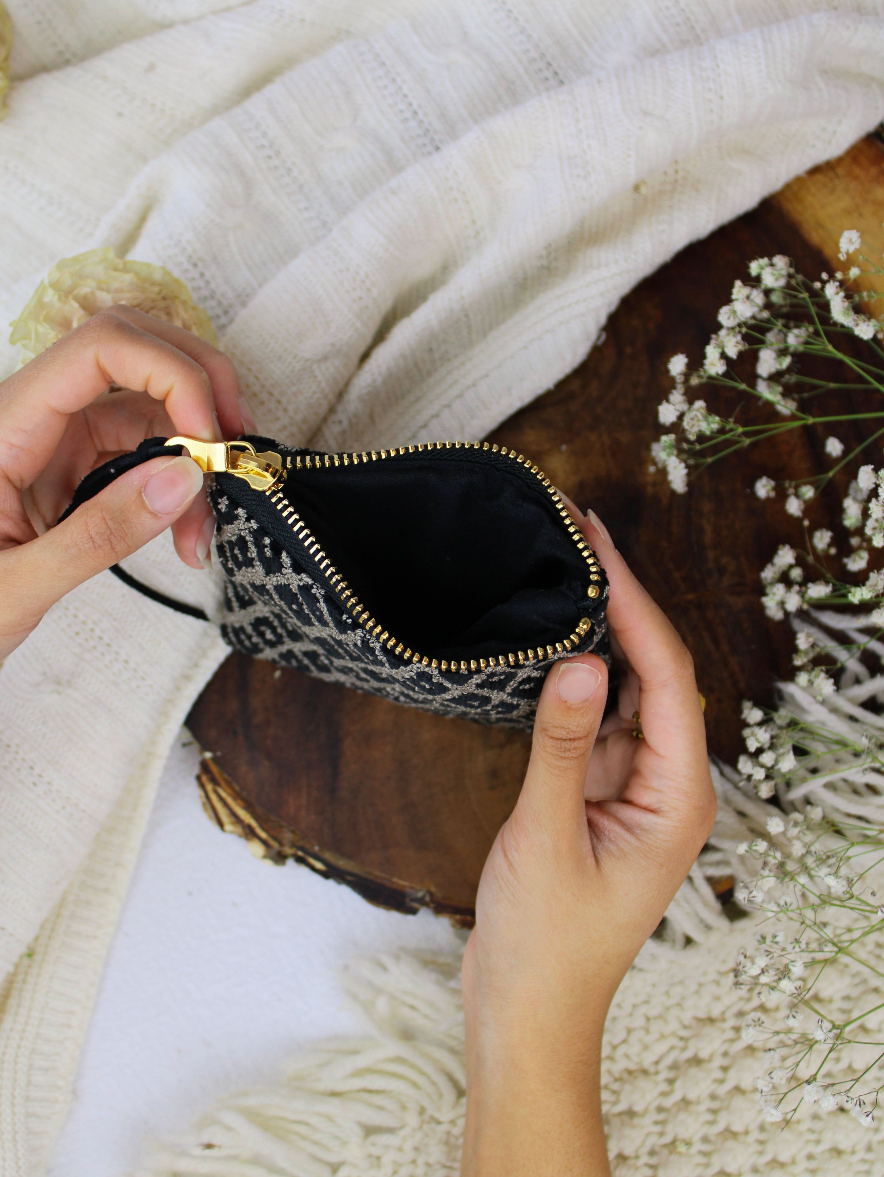 Ash &amp; Rose Black Diamond Needlepoint Square Pouch