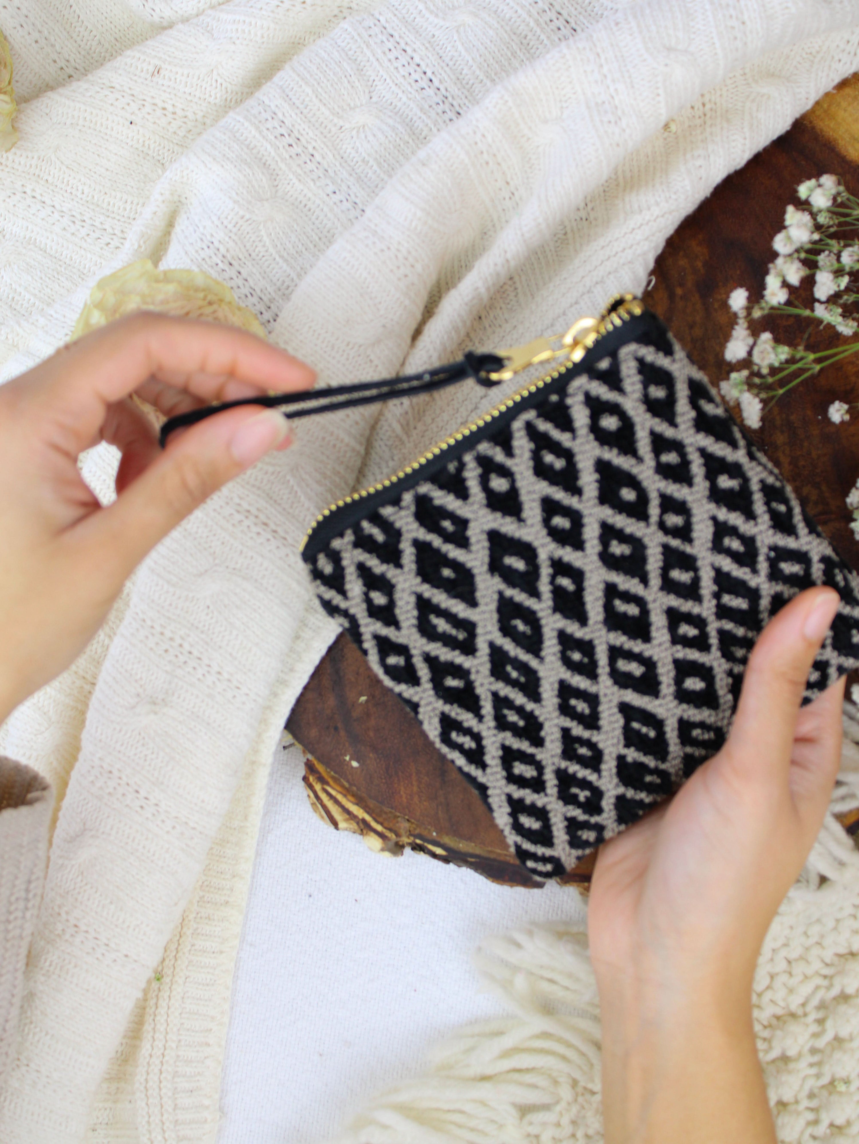 Ash &amp; Rose Black Diamond Needlepoint Square Pouch
