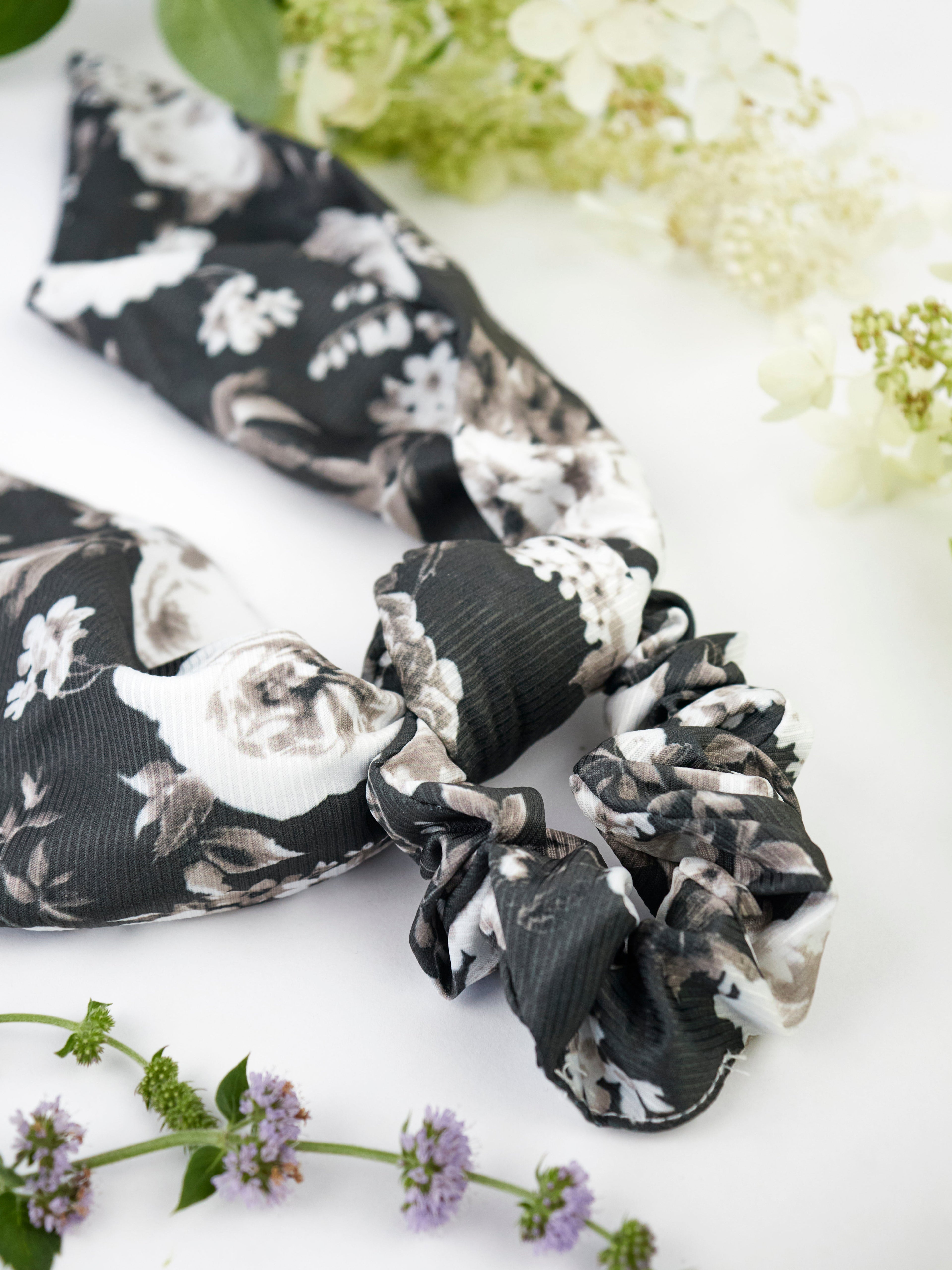Black Floral Scarf Scrunchie - My American Goods