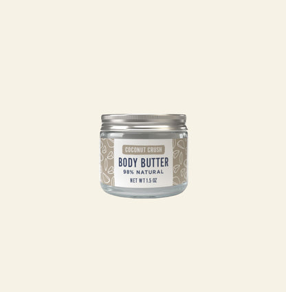 Jar of coconut crush body butter on a white background