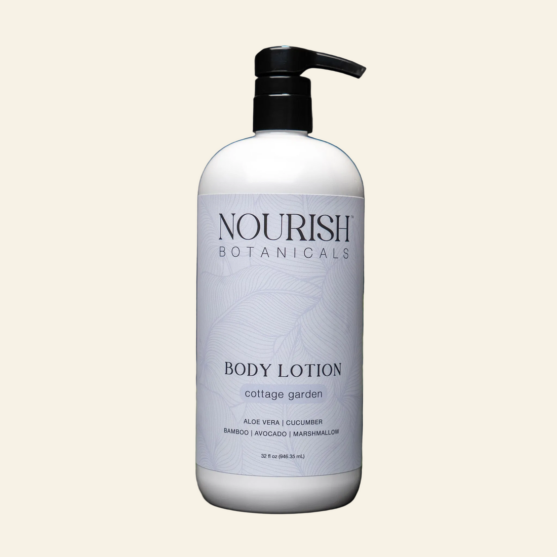 Nourish Botanicals body lotion bottle with aloe vera leaves on a dark background