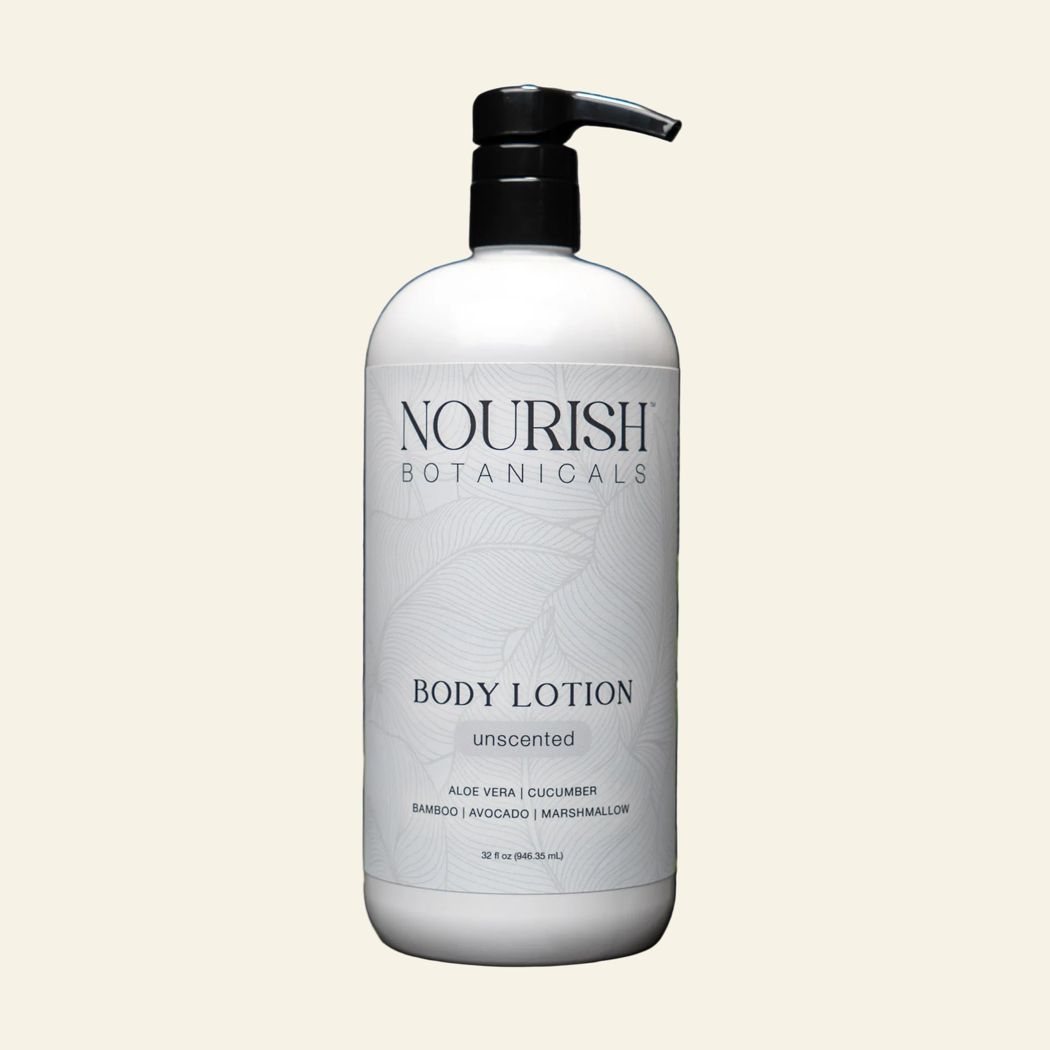 Nourish Botanicals body lotion bottle with aloe vera leaves on a dark background