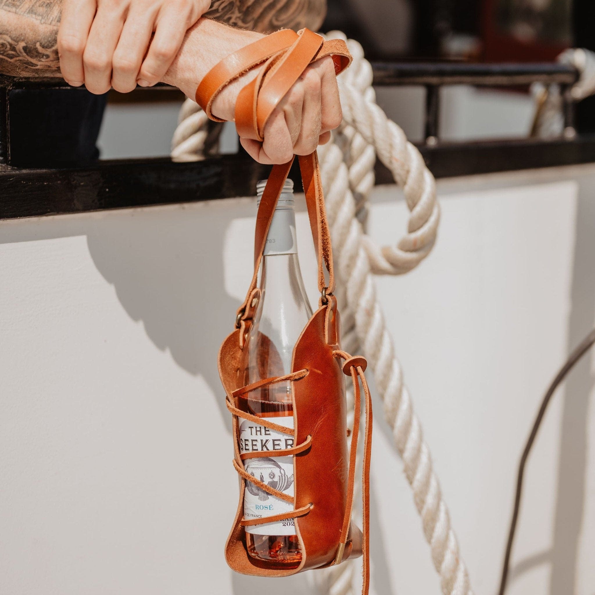 The Local Branch Leather Caramel Rambler Bottle Sling - USA Made