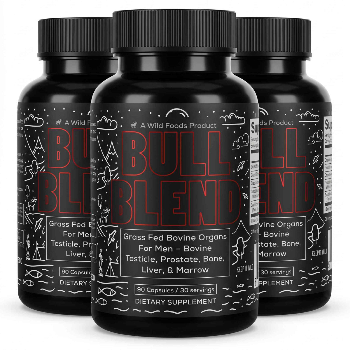 Wild Foods Supplements 3x - 280 caps (Save $15!) Bull Blend, 30 servings – Natural Male Hormone &amp; Energy Support