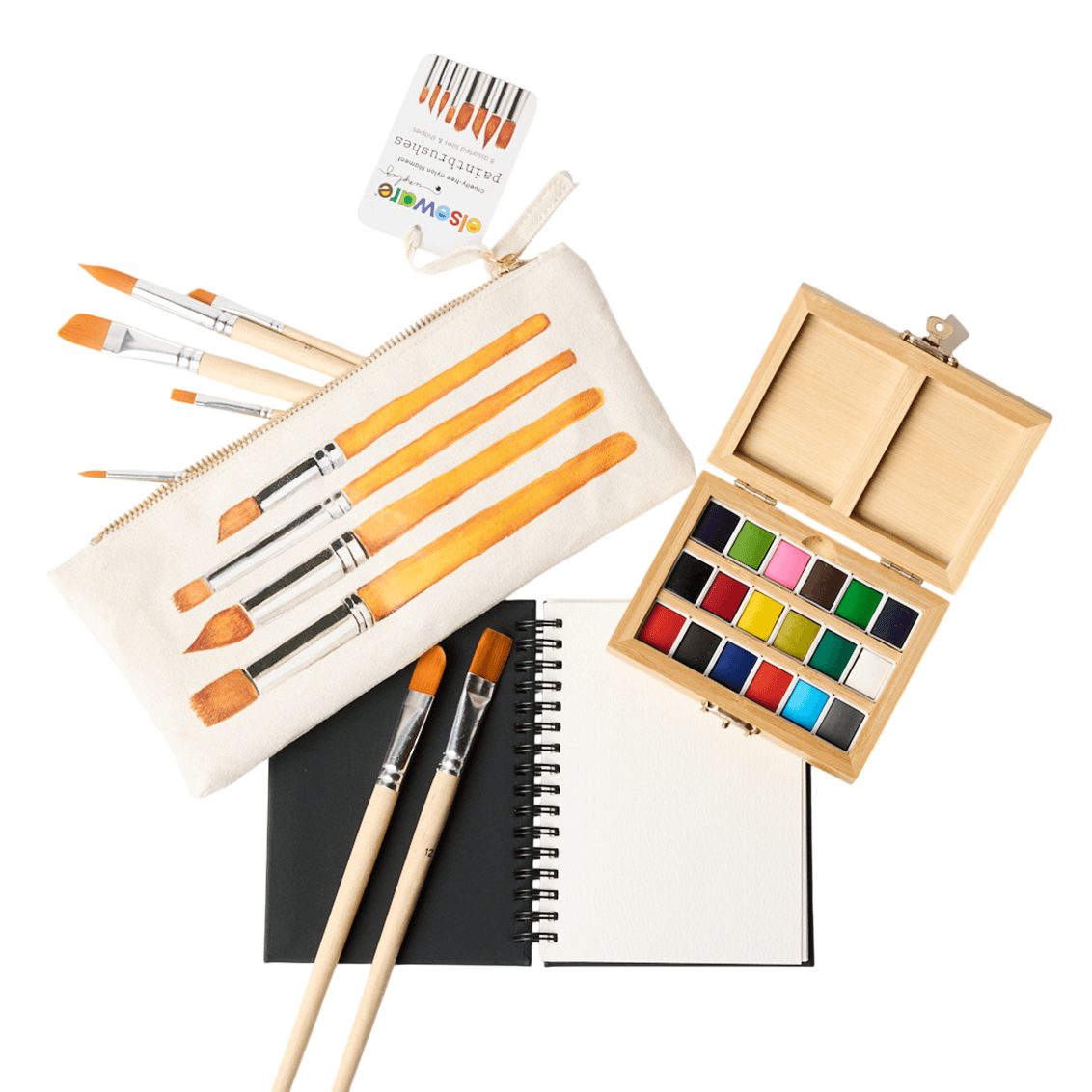 Watercolor Travel Set | Bamboo Case, Brushes, &amp; Paper Pad