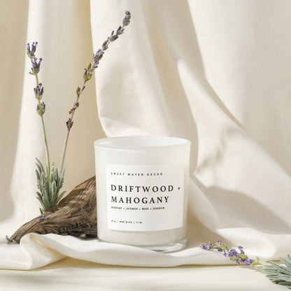 Sweet Water Decor Candles Driftwood and Mahogany Soy Candle - White Jar - 11 oz