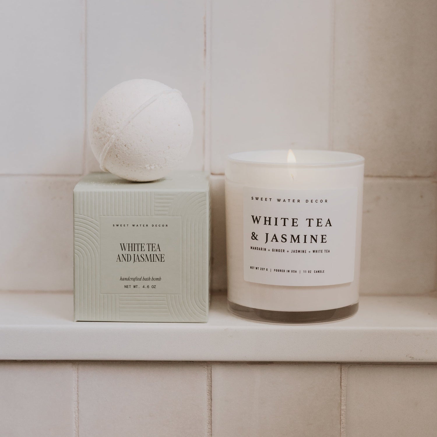 White Tea and Jasmine Soy Candle - White Jar - 11 oz