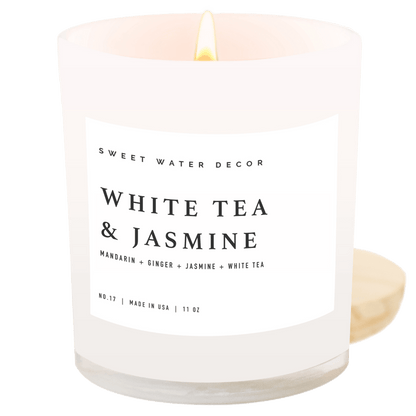 White Tea and Jasmine Soy Candle - White Jar - 11 oz