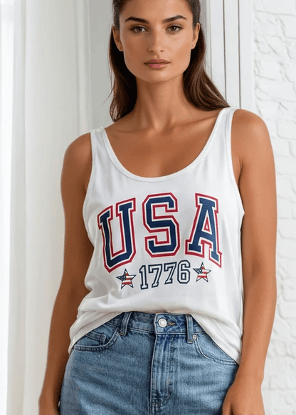 Crazy Cozy Cool Sleeveless Tops and Tanks White / USA AMERICAN FLAG / Small USA 1776 Tank Top Made in USA with USA Grown Cotton